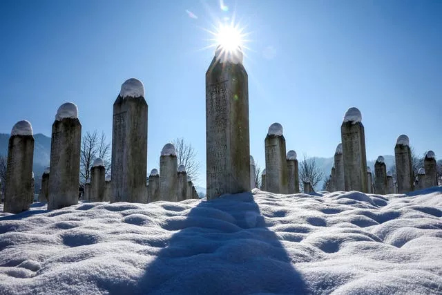 Snow caps the monuments at the Srebrenica Memorial Center in Potocari, Bosnia