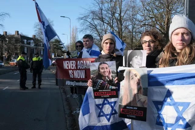 Pro-Israel activists gather near the International Court of Justice in The Hague, Netherlands