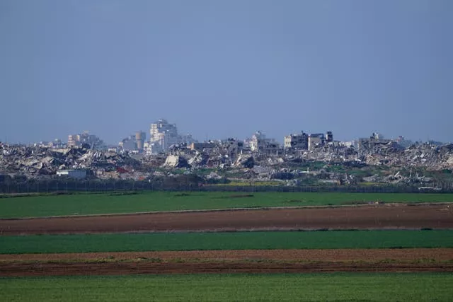 Rubble from buildings destroyed in the Israeli Army’s ground operation in the Gaza Strip are seen from southern Israel, near the Gaza border fence 