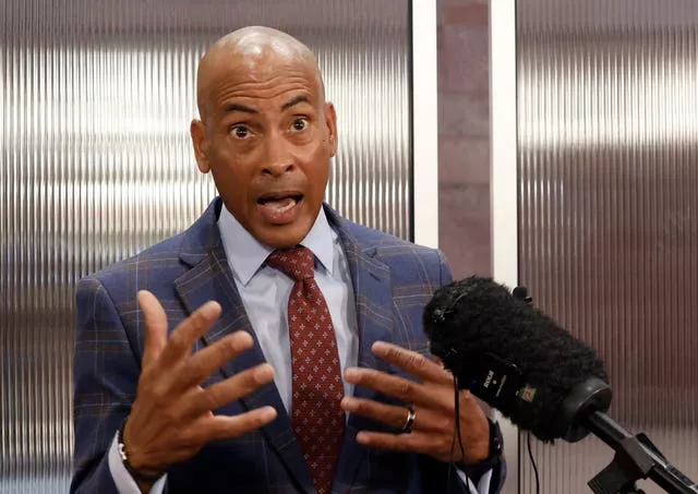 Lawyer Carl Arnold, representing Duane 'Keffe D' Davis, addresses the media after Davis’s status hearing at the Regional Justice Centre in Las Vegas