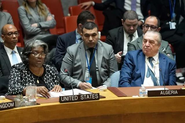 Linda Thomas-Greenfield, United States ambassador to the United Nations, left, speaks while Algerian ambassador to the UN Amar Bendjama, front right, listens before voting on a resolution concerning a ceasefire in Gaza during a Security Council meeting at United Nations