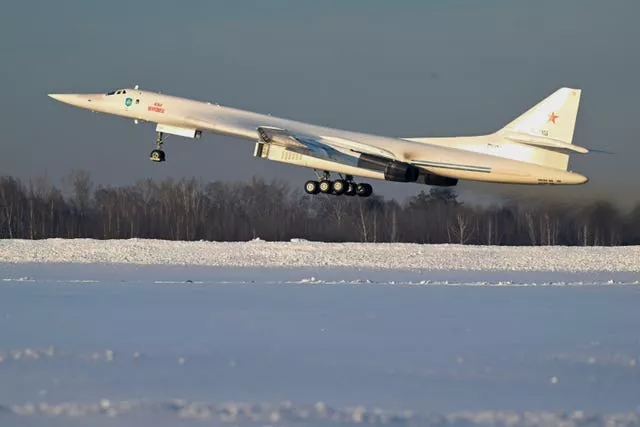 A strategic bomber with Vladimir Putin on board takes off form an airfield in Kazan, Russia