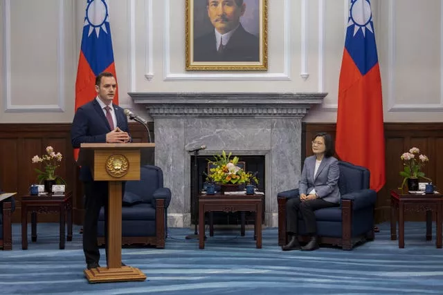 Representative Mike Gallagher speaks during a meeting with Taiwanese President Tsai Ing-wen