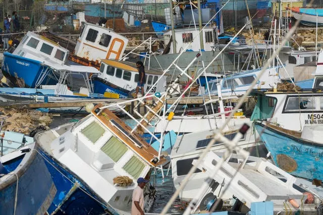 Fishing vessels damaged by Hurricane Beryl in Barbados