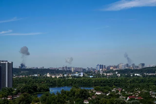 Smoke rises over the Kyiv skies