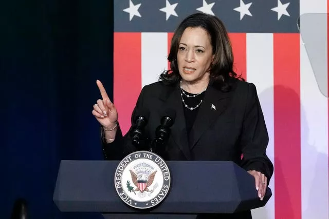 Kamala Harris at a lectern