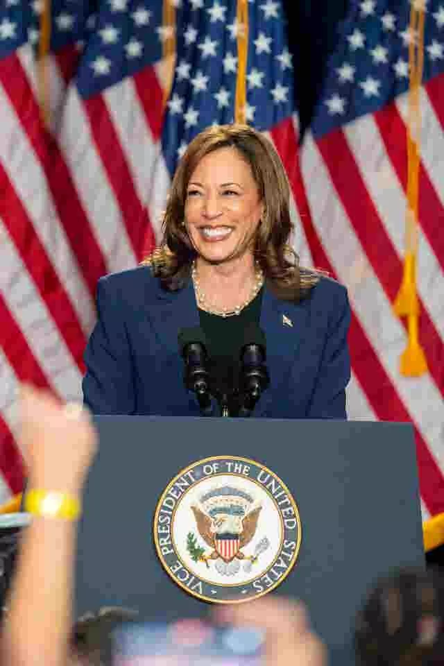 Kamala Harris smiles against a backdrop of US flags