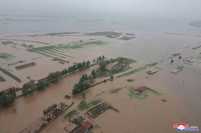 An overhead image of a flood-hit area in North Phyongan province