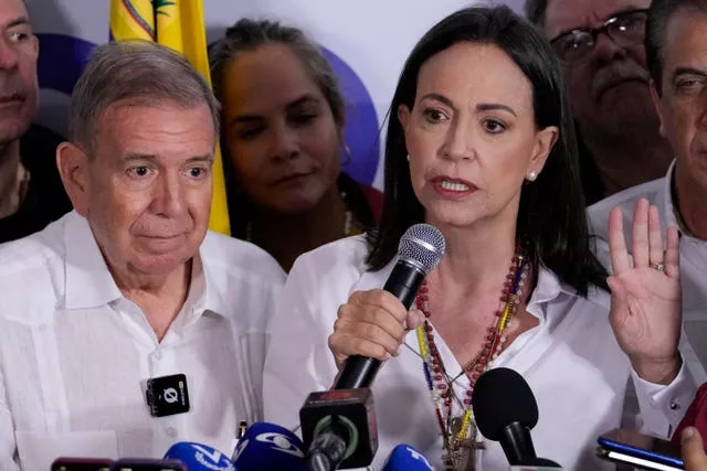 Opposition leader Maria Corina Machado, right, and presidential candidate Edmundo Gonzalez hold a press conference 