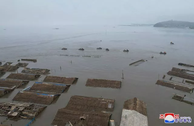 An aerial view of a flood-hit area in Sinuiju city, North Phyongan province, North Korea