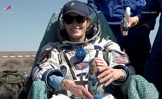 Nasa astronaut Loral O’Hara sits in a chair shortly after the landing of the Russian Soyuz MS-24 space capsule near Kazakh town of Zhezkazgan, Kazakhstan