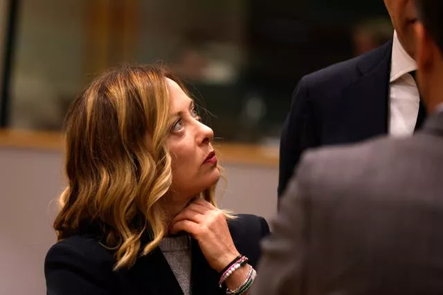 Italy’s Prime Minister Giorgia Meloni during a round table meeting at an EU summit in Brussels