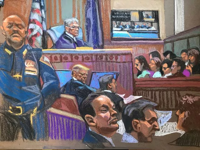 In this courtroom sketch, former US president Donald Trump sits beside his lawyer Todd Blanche on the second day of jury selection in his criminal trial in Manhattan Criminal Court in New York