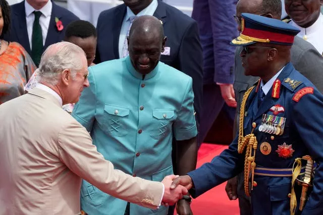 General Ogolla, right, with the King, left, and Kenya’s president William Ruto, centre, in Mombasa in November 2023