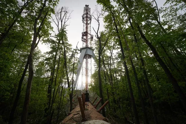 A view of the television tower, broken in half after it was hit by a Russian missile in Kharkiv 