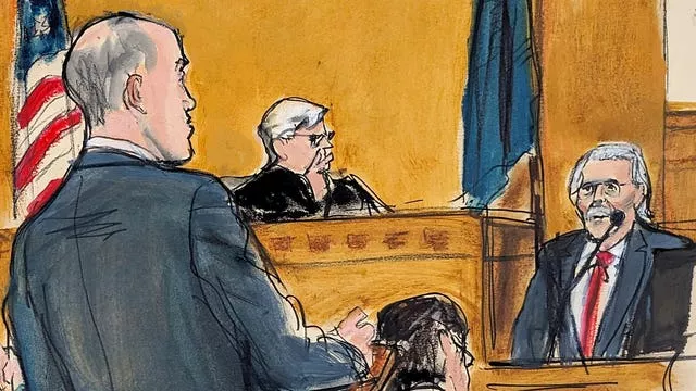 O advogado de defesa Emil Bove, à esquerda, interroga David Pecker no banco das testemunhas com o juiz Juan Merchan presidindo em Nova York 