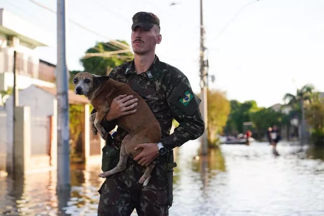Soldado evacua cachorro de área alagada após fortes chuvas em Canoas, Rio Grande do Sul, Brasil 