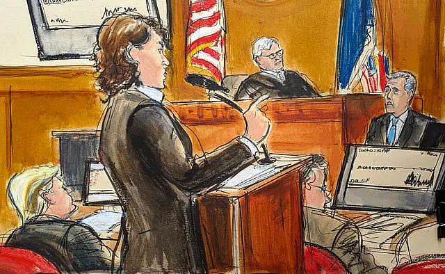 Assistant district attorney Susan Hoffinger questions Michael Cohen, right, as former President Donald Trump, far left, looks on in Manhattan Criminal Court in New York