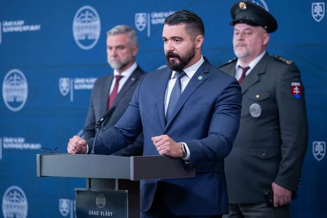 Pavol Gaspar, acting director of the Slovak Information Service, addresses media during a press conference at the government headquarters in Bratislava
