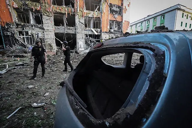 The city centre is covered with debris after a Russian missile attack in Kharkiv, Ukraine