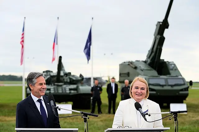 US secretary of state Antony Blinken and Czech defence minister Jana Cernochova attend a Czech Defence Capabilities Event at Prague-Kbely Airport, in Prague, Czech Republic