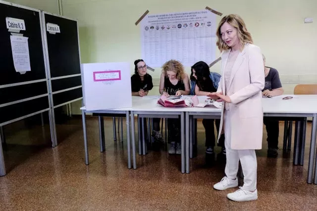 Italian Prime Minister Giorgia Meloni arrives to vote for the European Parliament elections, in Rome 