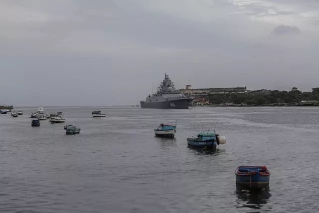 A Russian navy frigate arrives at the port of Havana