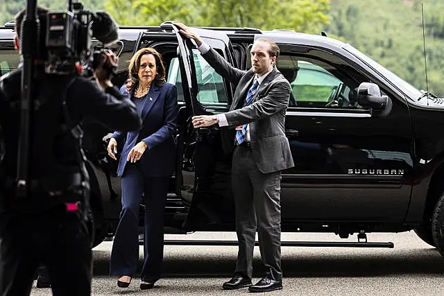 US vice president Kamala Harris gets out of a car at the Burgenstock resort