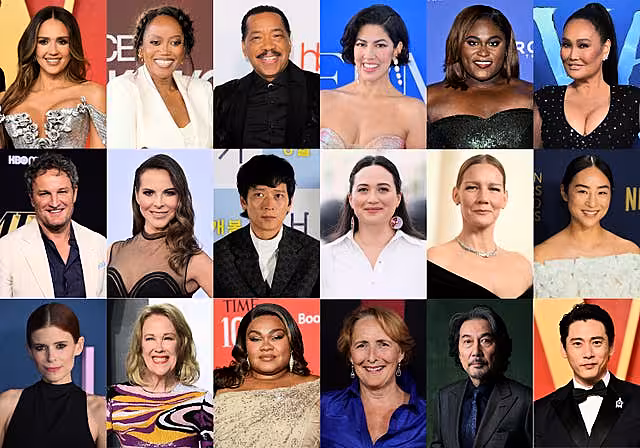 This combination of photos shows actors, top row from left, Jessica Alba, Ericka Alexander, Obba Babatunde, Stephanie Beatriz, Danielle Brooks and Tia Carrere, second row from left, Jason Clarke, Kate Del Castillo, Gang Dong-won, Lily Gladstone, Sandra Huller and Greta Lee, and bottom row from left, Kate Mara, Catherine O’Hara, Da’Vine Joy Randolph, Fiona Shaw, Koji Yakusho and Teo Yoo, who are among the artists invited to join the Academy of Motion Picture Arts and Sciences