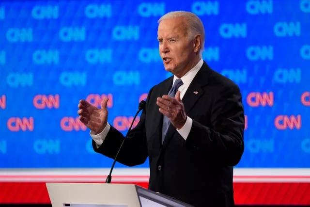 US President Joe Biden speaks during a presidential debate with Republican presidential candidate former president Donald Trump 