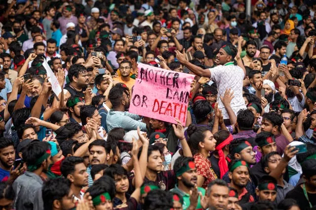 Huge crowd of protesters, one holding a poster reading 'mother land or death'