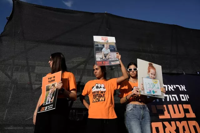 Family, friends and supporters of Ariel Bibas, who is held hostage by Hamas in the Gaza Strip, mark his fifth birthday in Tel Aviv 