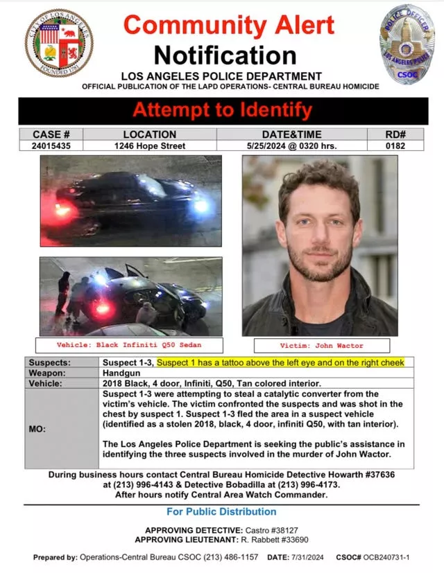 Notification showing images of three suspects and a getaway car