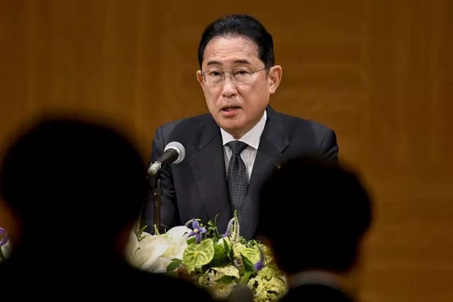 Japan’s Prime Minister Fumio Kishida speaks at a press conference in Hiroshima