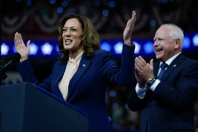 Kamala Harris and Tim Walz speak at a campaign rally in Philadelphia