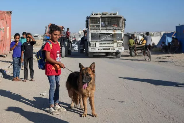 A Palestinian girl and her dog flee the Khan Younis area of the Gaza Strip