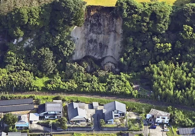 An aerial photo shows the site of a landslide in Shibushi