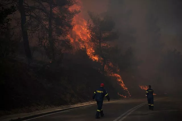 Los bomberos inspeccionan las llamas cerca de una carretera en el pueblo de Varnava durante un incendio, al norte de Atenas, Grecia 