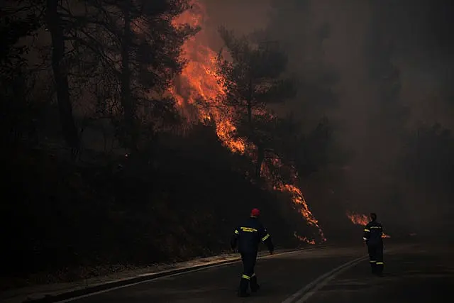 Les pompiers inspectent les flammes près d'une route dans le village de Varnava lors d'un incendie de forêt, au nord d'Athènes, en Grèce 