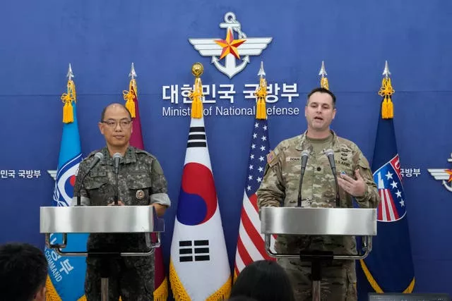 Colonel Ryan Donald, right, CFC/UNC/USFK public affairs director, and Colonel Lee Sung-jun of South Korea’s JCS public affairs director, attend a press briefing of the Ulchi Freedom Shield exercises at the Defence Ministry in Seoul, South Korea