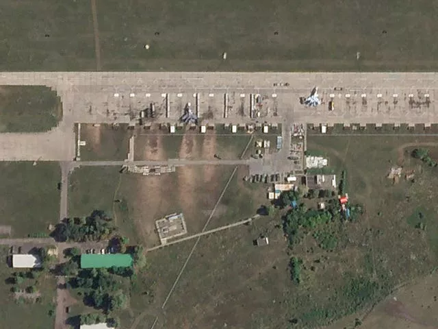 A satellite photo from Planet Labs PBC shows damaged fighter jets at the Borisoglebsk airbase in Russia after an attack by Ukrainian drones