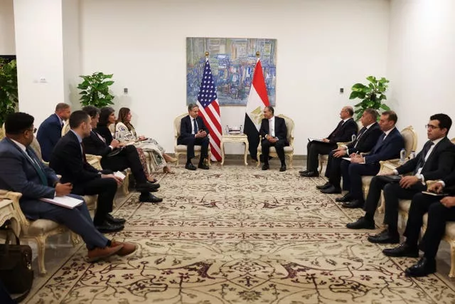 Antony Blinken, centre left, meets with Egypt’s foreign minister Badr Abdelatty, centre right, in El-Alamein, Egypt