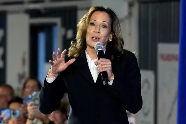 Ms Harris speaks at a watch party at Cherry Street Pier after the presidential debate in Philadelphia