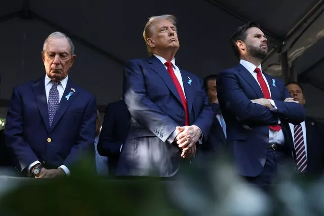 Michael Bloomberg, Republican presidential nominee former President Donald Trump and Republican vice presidential nominee JD Vance attend the 9/11 Memorial ceremony