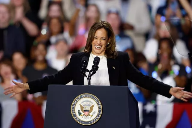 Democratic presidential nominee Kamala Harris speaks during a campaign event in Charlotte