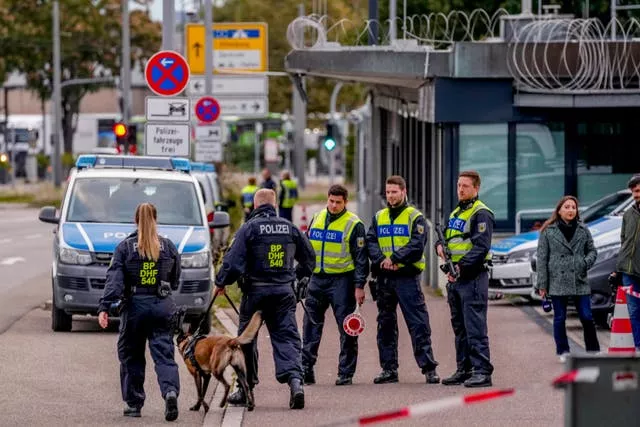 German police officers gather at the border between Germany and France in Kehl, Germany 