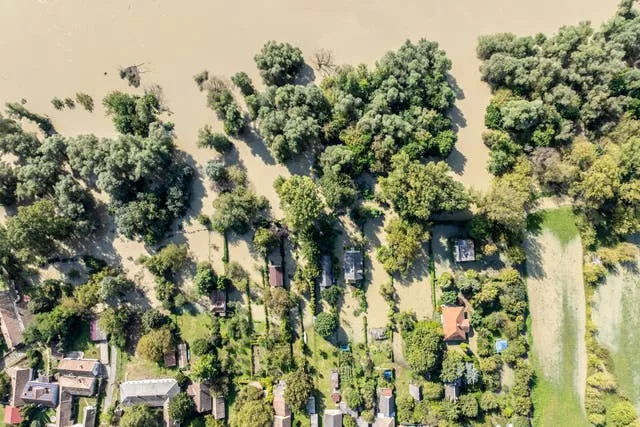 An aerial view of a flooded area near the swollen Danube River in Hungary