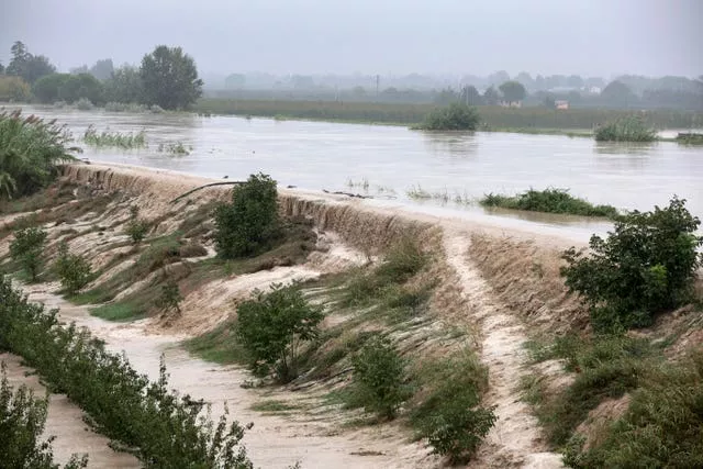 The Lamone river overflows its banks near Bagnacavallo, in the region of Emilia-Romagna, Italy