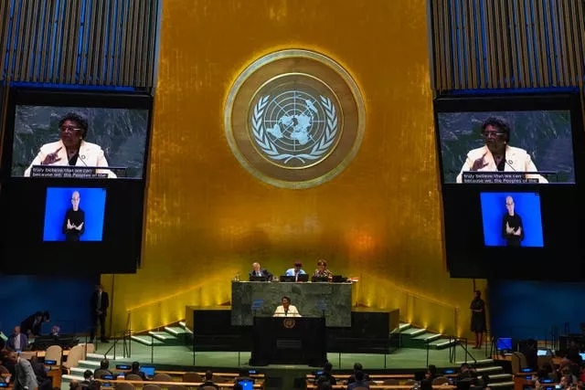 Barbados Prime Minister Mia Mottley speaks to the United Nations General Assembly