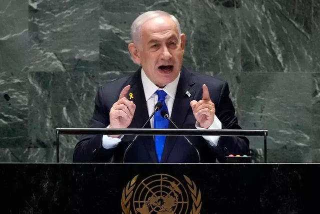 Benjamin Netanyahu addressing the United Nations General Assembly on Friday